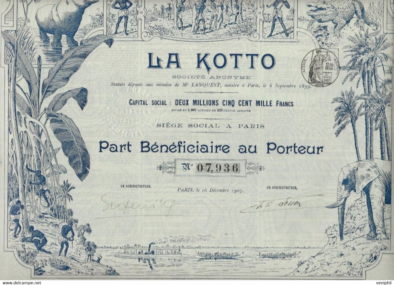 LA  KOTTO -CONCESSION COLONIALE - CONGO - TRES BELLE PART BENEFICIAIRE  ILLUSTREE DE 500 FRS -ANNEE  1907 - Africa