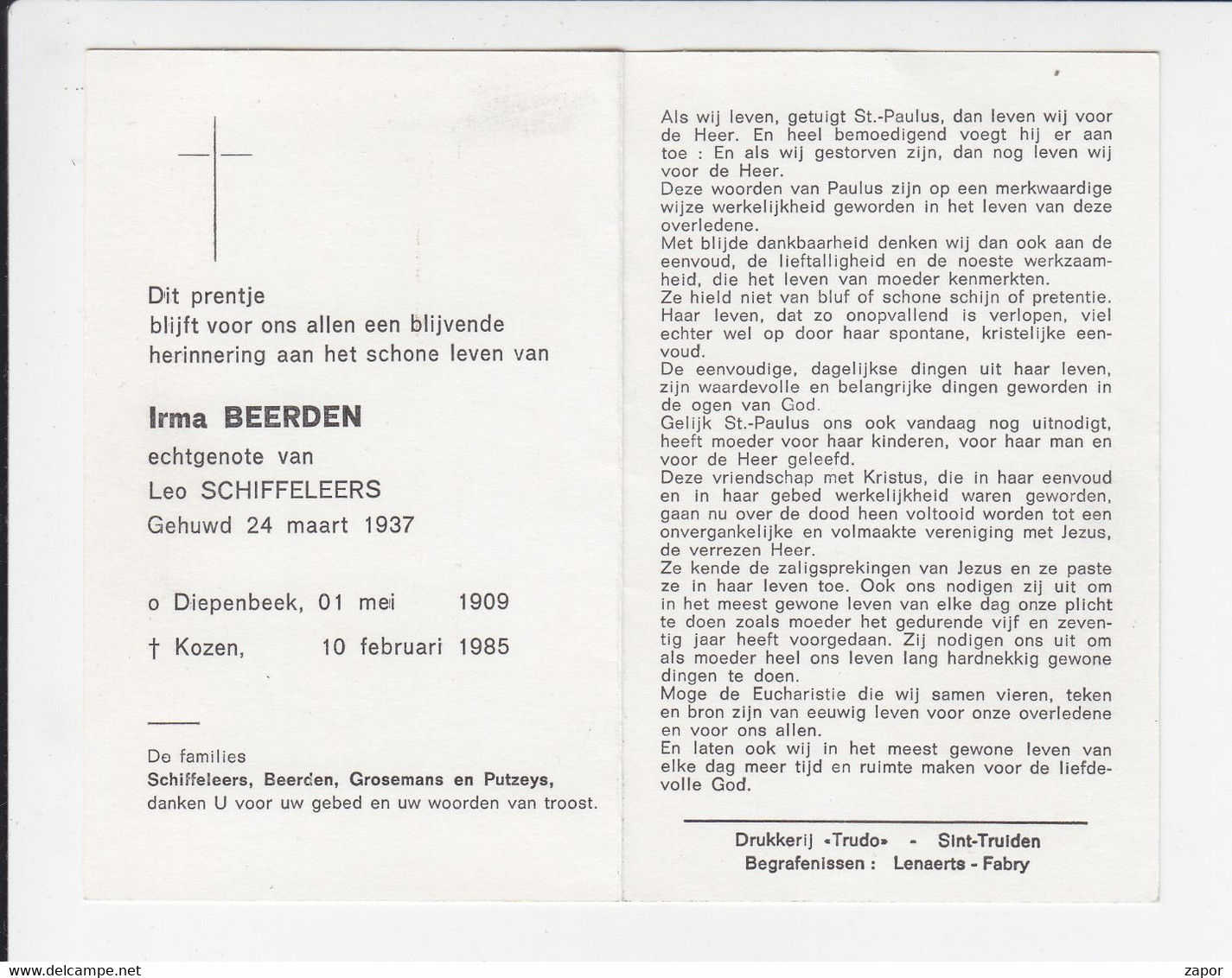 2 X Doodsprentje - Irma Beerden - Diepenbeek 1909 / Kozen 1985 / Zuster Juliette Vandenrijd - Diepenbeek 1907 / Genk - Todesanzeige