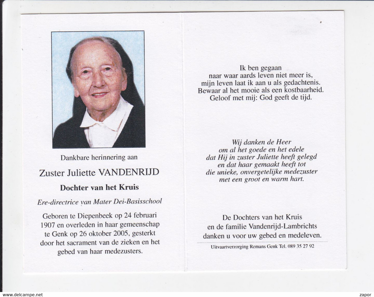 2 X Doodsprentje - Irma Beerden - Diepenbeek 1909 / Kozen 1985 / Zuster Juliette Vandenrijd - Diepenbeek 1907 / Genk - Todesanzeige