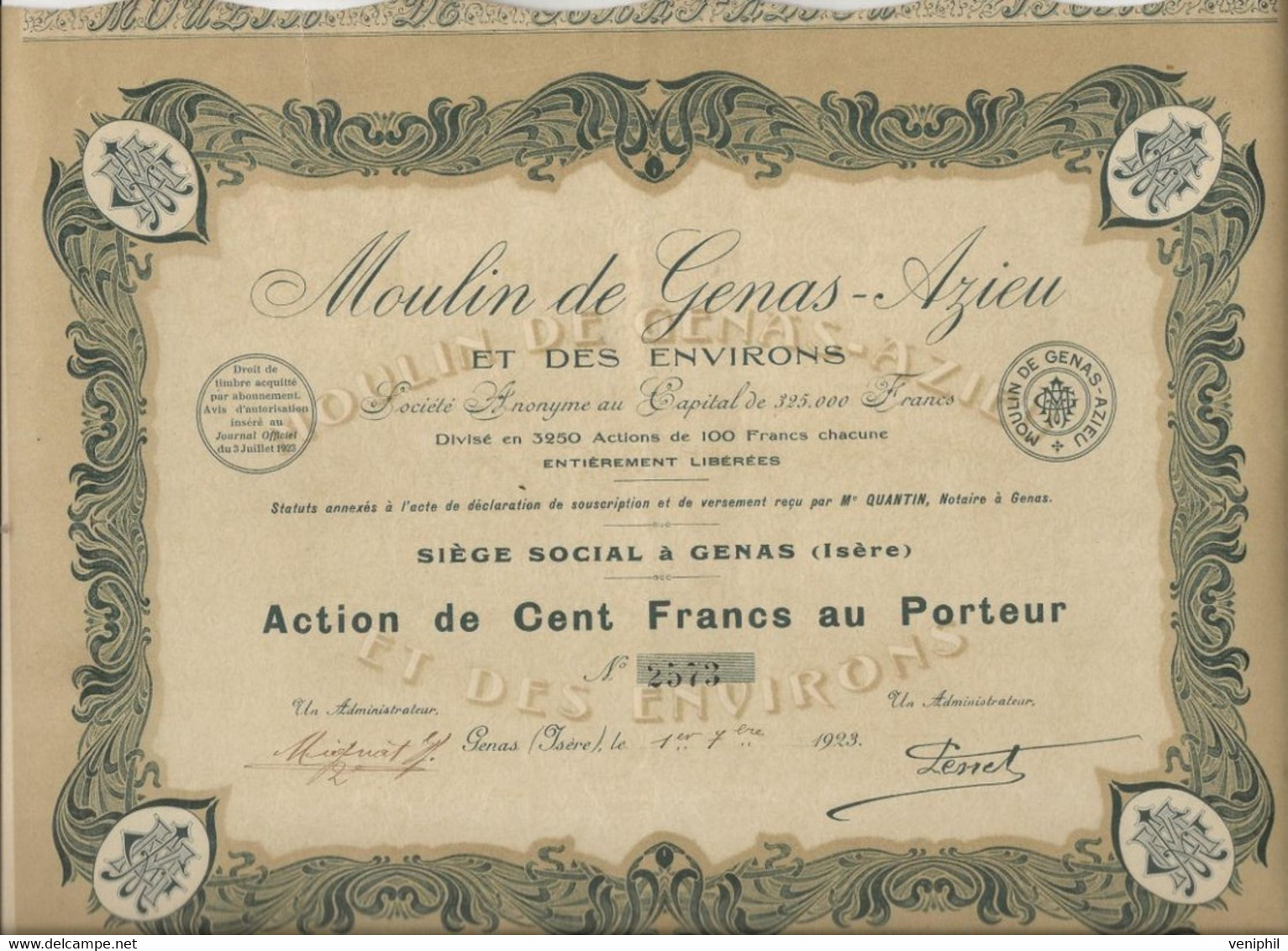 MOULIN DE GENAS - AZIEU -ISERE - ACTION DE 100 FRS -DIVISE EN 3250 ACTIONS - ANNEE 1923 - Agricultura