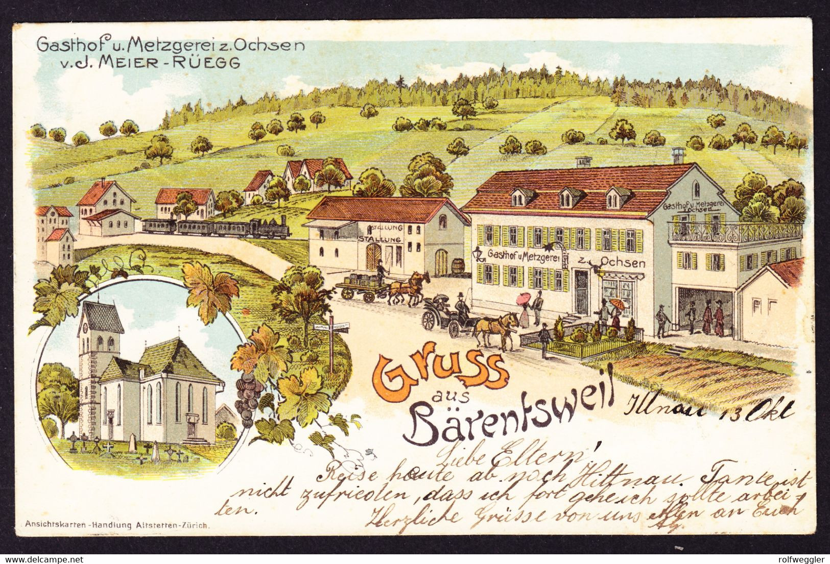 1902 Gelaufene Litho Karte: Gruss Aus Bärentsweil Bäretswil. Gasthof Und Metzgerei Zum Ochsen Mit Eisenbahn. - Bäretswil