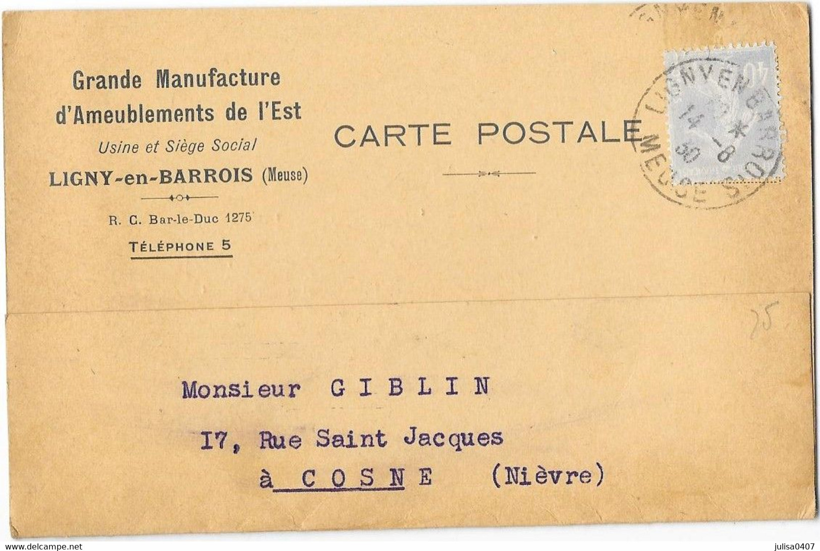 LIGNY EN BARROIS (55)  Carte Commerciale Publicitaire Manufacture D'ameublements De L'Est 1930 - Ligny En Barrois