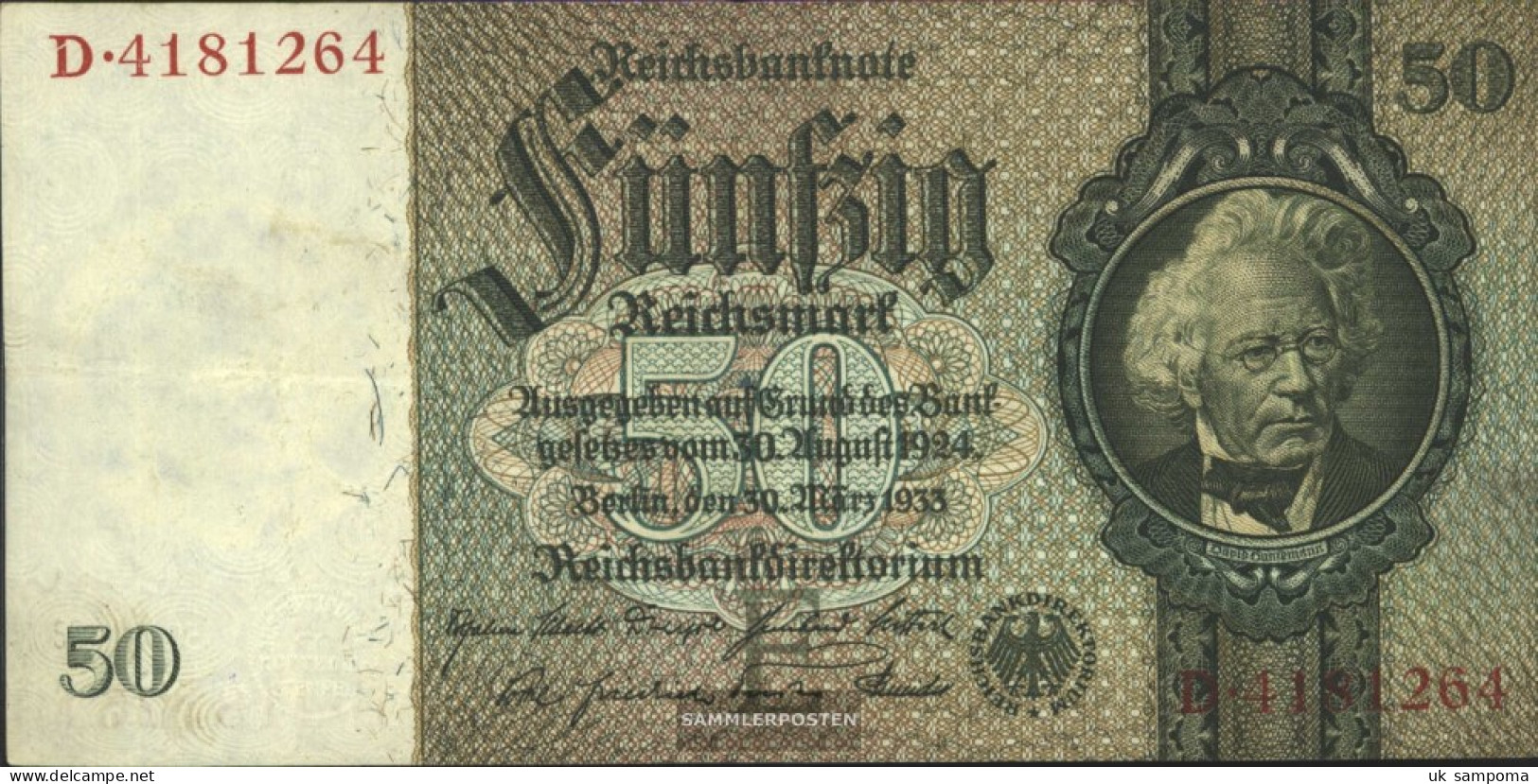 German Empire Rosenbg: 175a, Udr.-Bst.: E, Series: A-P, KN 7-stellig Used (III) 1933 50 Reichsmark - 50 Reichsmark