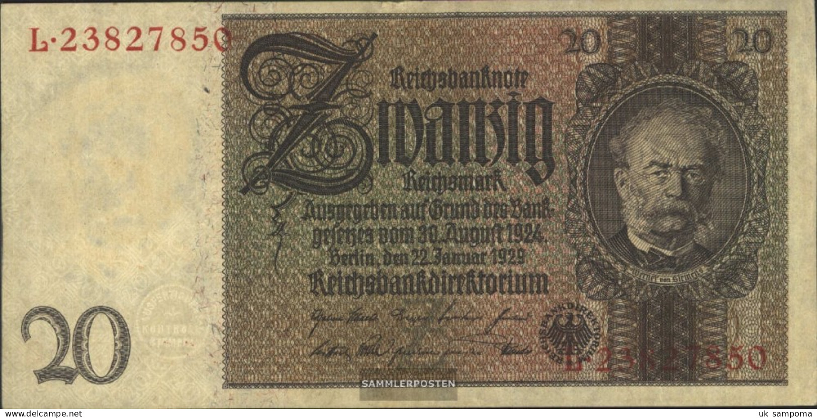 German Empire Rosenbg: 174a, Udr.-Bst.: Z, Series: L-P Used (III) 1929 20 Reichsmark - 20 Mark