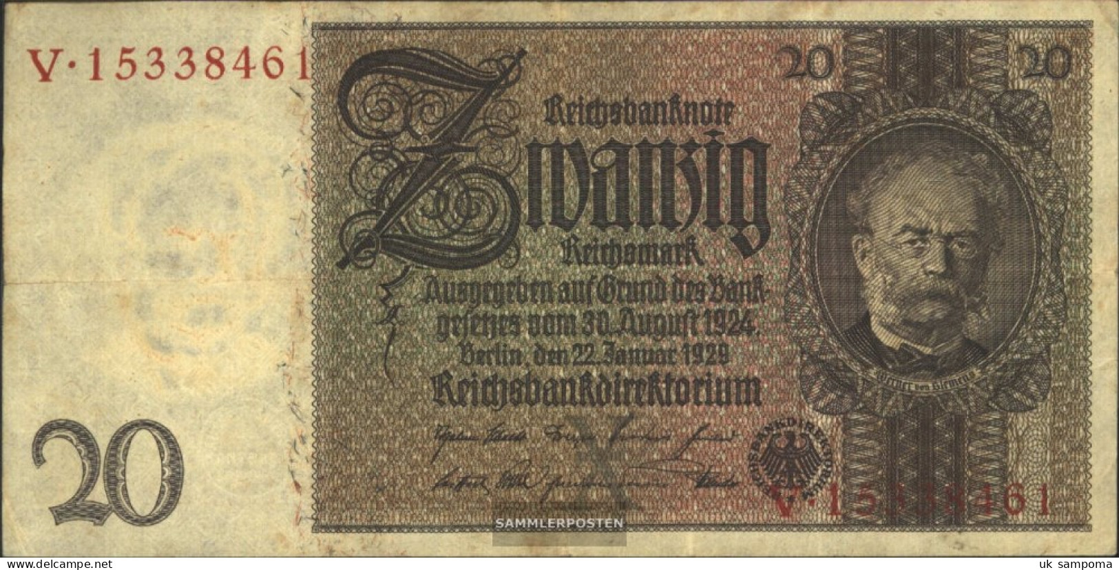 German Empire Rosenbg: 174a, Udr.-Bst.: X, Series: V-z Used (III) 1929 20 Reichsmark - 20 Mark