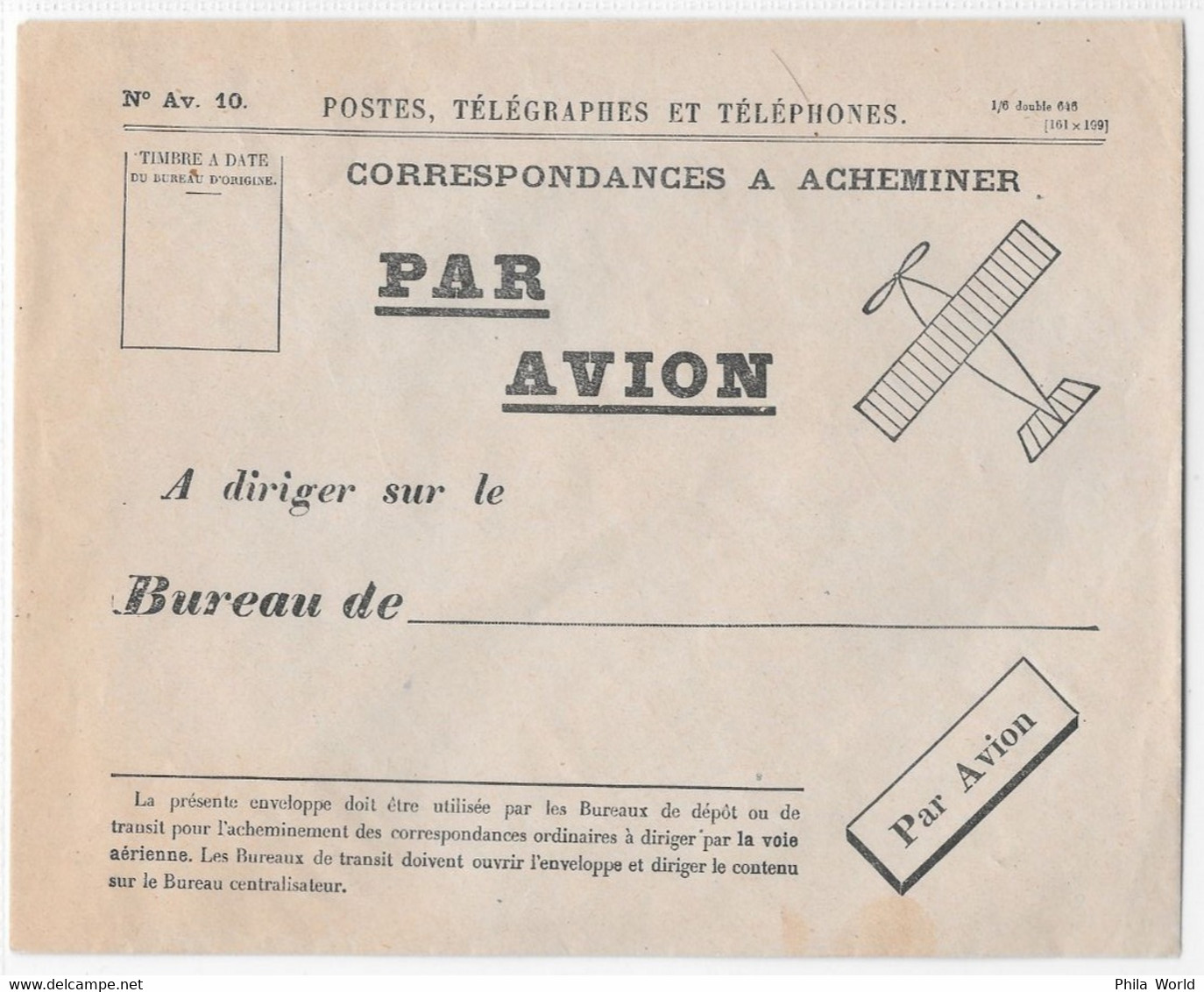 Enveloppe Officielle PTT Pour CORRESPONDANCES à ACHEMINER PAR AVION à Diriger Sur Le Bureau De. N° Av. 10. - Aerei