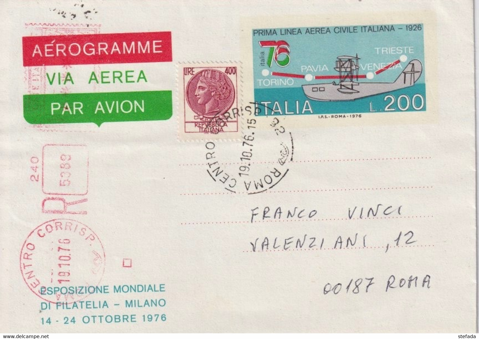 1976 ITALIA REPUBBLICA AEROGRAMMA EXPO FILATELIA - 1971-80: Marcophilia