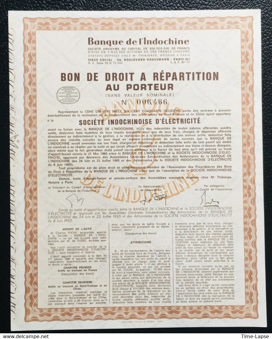 Lot De 4 ACTIONS - Bons Au Porteur - Banque De L'Indochine - Société Indochinoise D'électricité - Electricité & Gaz