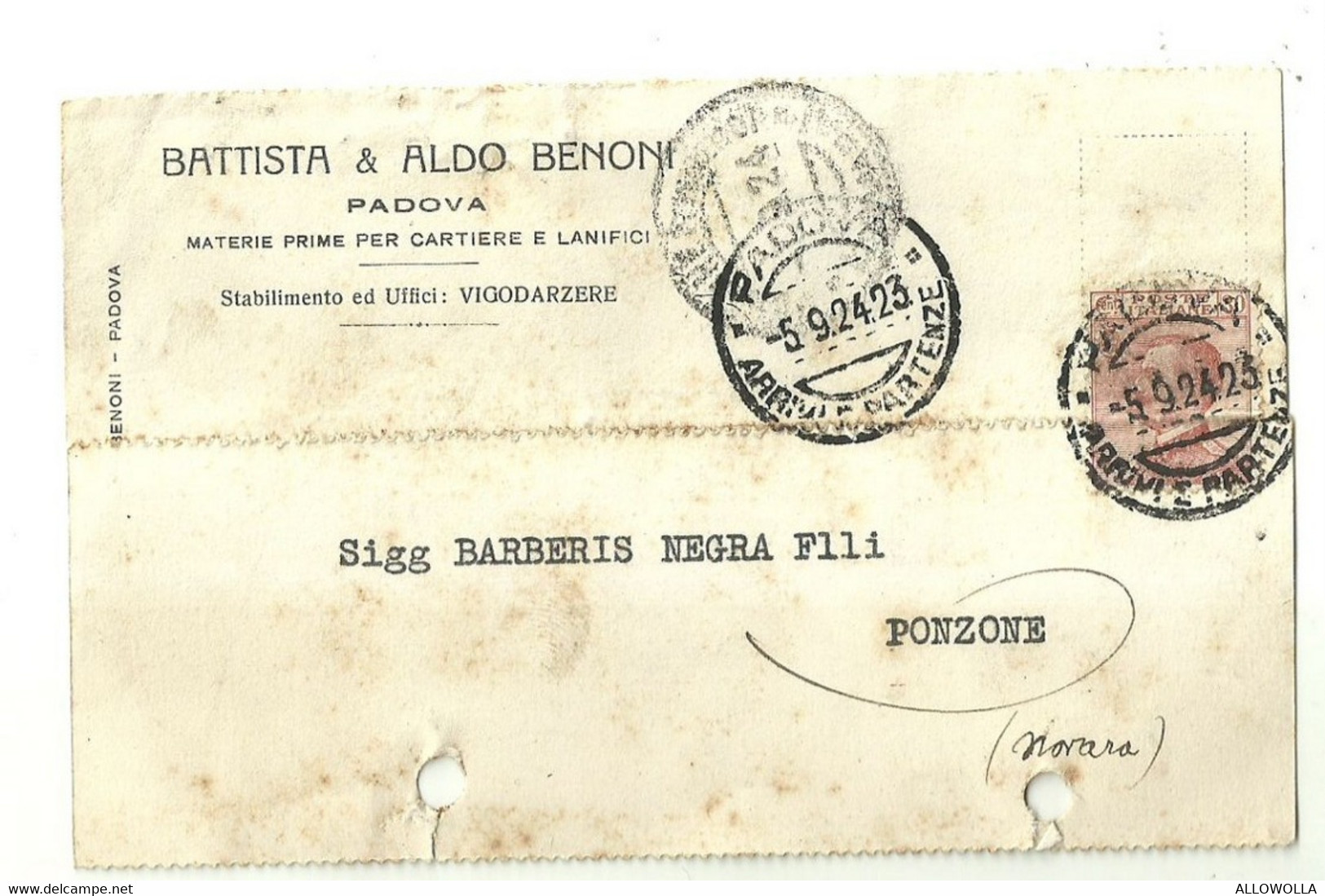 10616"BATTISTA E ALDO BENONI-PADOVA-MATERIE PRIME PER CARTIERE E LANIFICI" CARTOLINA SPEDITA 1924 - Negozi