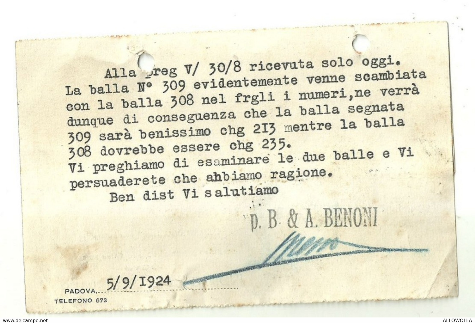 10616"BATTISTA E ALDO BENONI-PADOVA-MATERIE PRIME PER CARTIERE E LANIFICI" CARTOLINA SPEDITA 1924 - Negozi