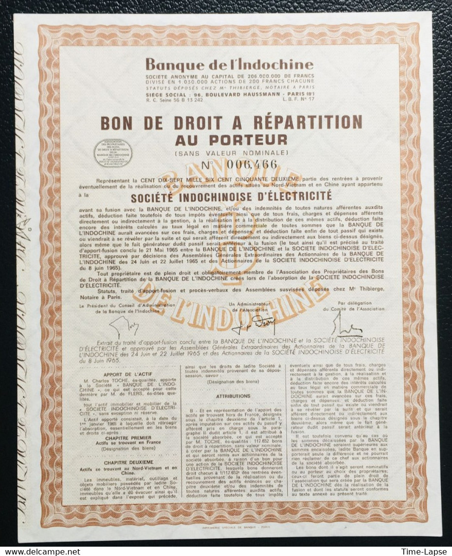 ACTION à L'unité - Bon Au Porteur - Banque De L'Indochine - Société Indochinoise D'électricité - Electricidad & Gas