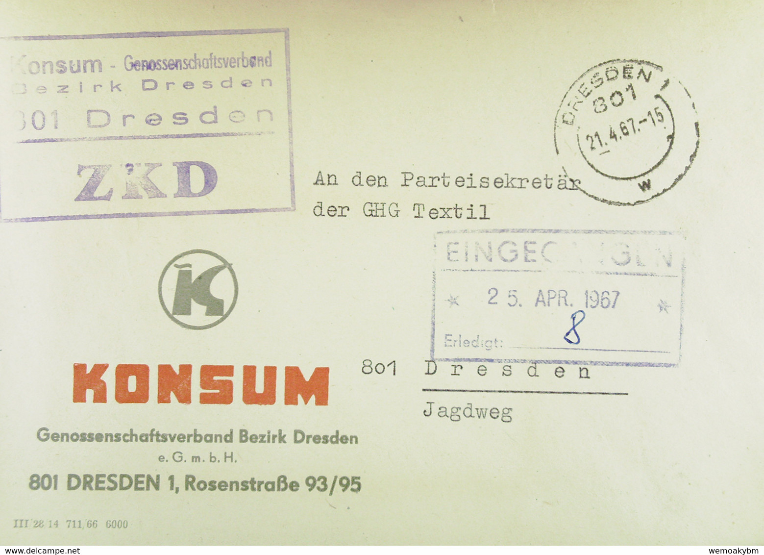 Orts-Brief ZKD-Kastenst. "KONSUM-Genossenschaftsverband Bezirk Dresden" Vom 21.4.67 An GHG Textil Dresden Mit Eing-Stpl. - Briefe U. Dokumente