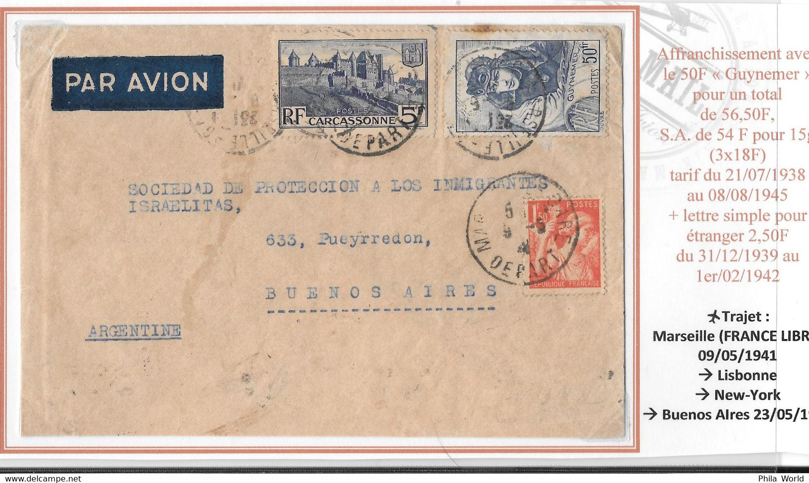 LATI - FRANCE Zone Libre 1941 Marseille Airmail Cover > ARGENTINA Guynemer Stamp - Via ITALIA Roma - Not PANAM To Avoid - Avions