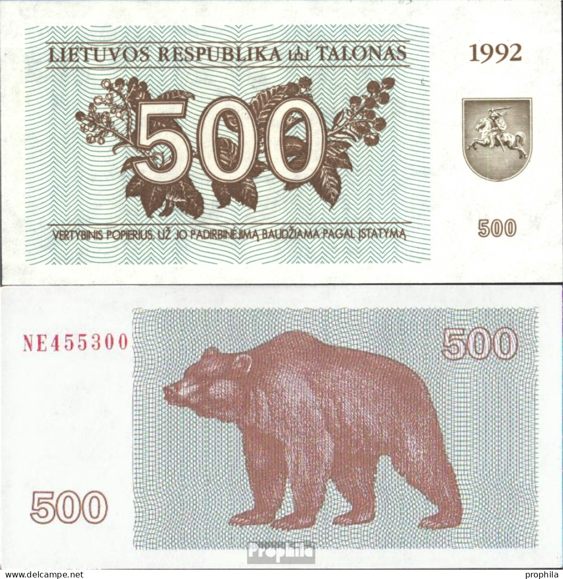 Litauen Pick-Nr: 44 Bankfrisch 1992 500 Talonas - Lithuania