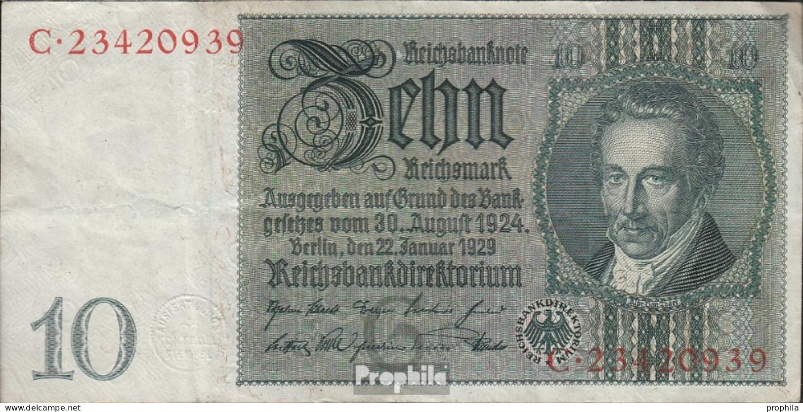 Deutsches Reich Rosenbg: 173a Udr.- Bst. G, Serien: A-F, Wz. Thaer Gebraucht (III) 1929 10 Reichsmark - 10 Mark