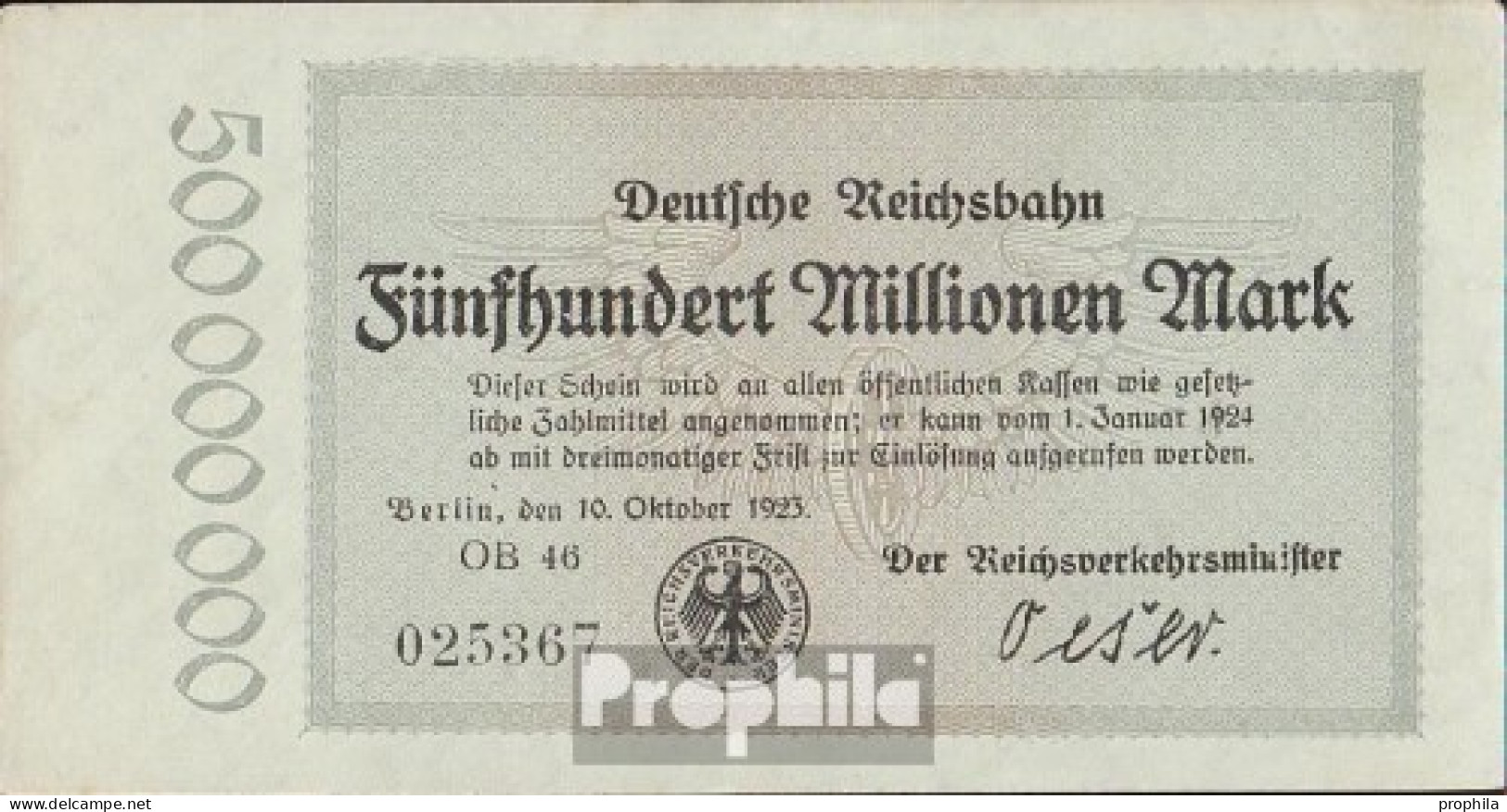 Berlin Pick-Nr: S1019 Inflationsgeld Der Deutschen Reichsbahn Berlin Gebraucht (III) 1923 500 Millionen Mark - 500 Millionen Mark