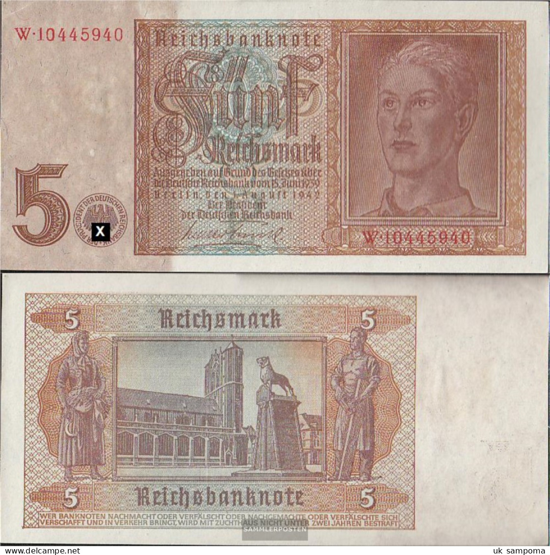 German Empire Rosenbg: 179b, 8stellige Kontrollnummer Used (III) 1942 5 Reichsmark - 5 Reichsmark