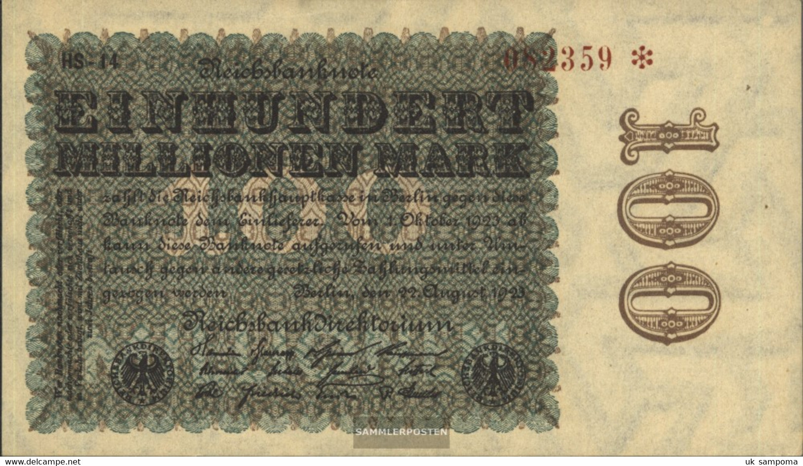 German Empire Rosenbg: 106l, WZ. Hakensterne Brown KN, Black Firmenzeichen Used (III) 1923 100 Million Mark - 100 Miljoen Mark