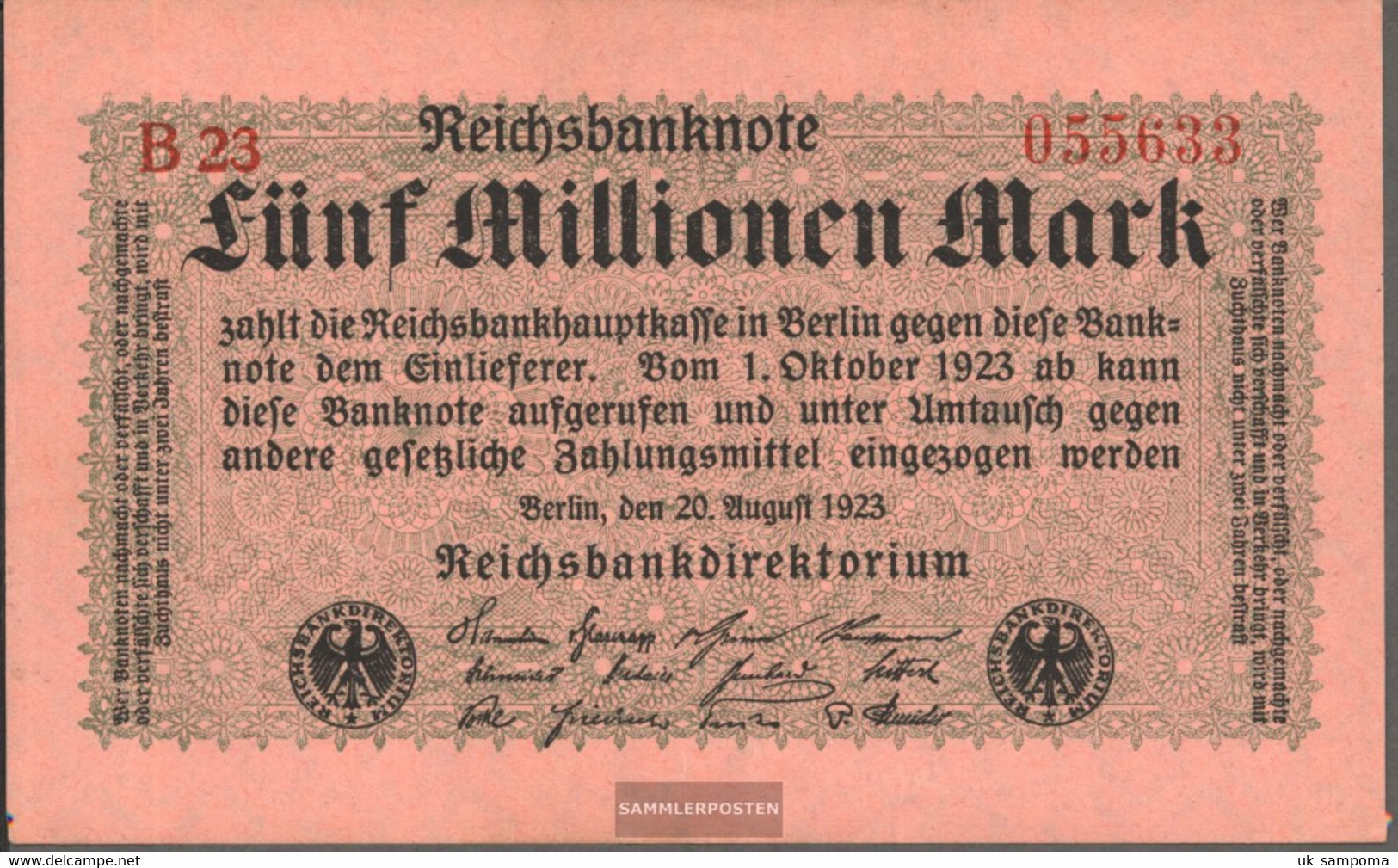 German Empire Rosenbg: 104b, Privatfirmendruck Red Firmenzeichen Used (III) 1923 5 Million Mark - 5 Mio. Mark