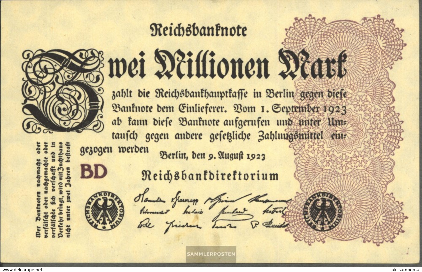 German Empire Rosenbg: 103c, Watermark Rings Used (III) 1923 2 Million Mark - 2 Mio. Mark