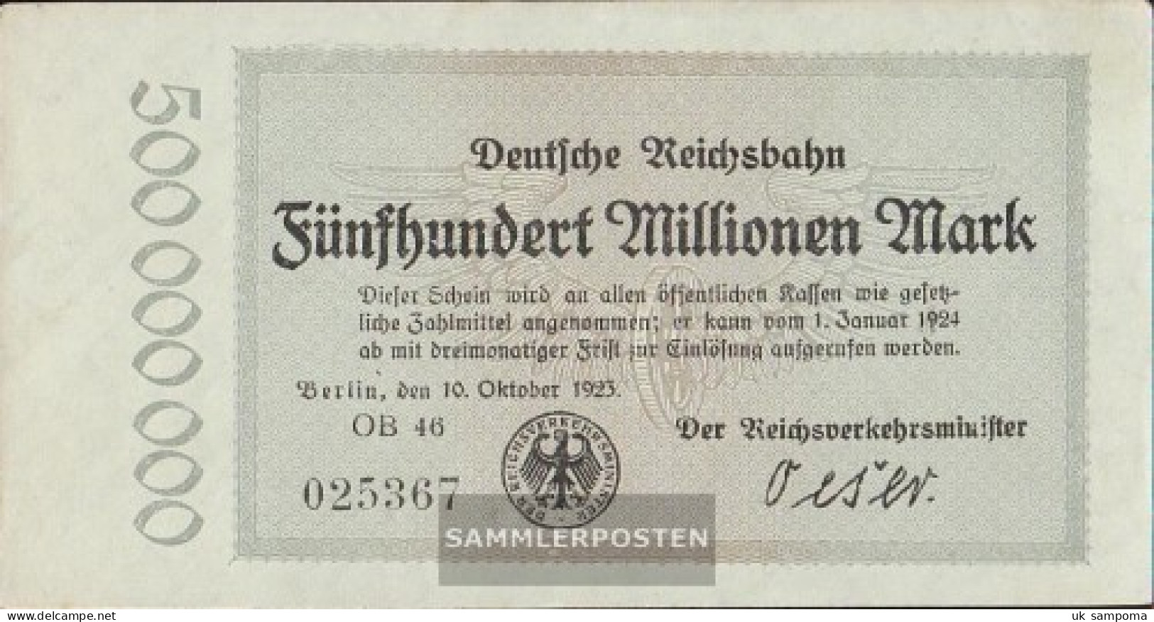 Berlin Pick-number: S1019 Inflationsgeld The German Reichsbahn Berlin Used (III) 1923 500 Million Mark - 500 Mio. Mark