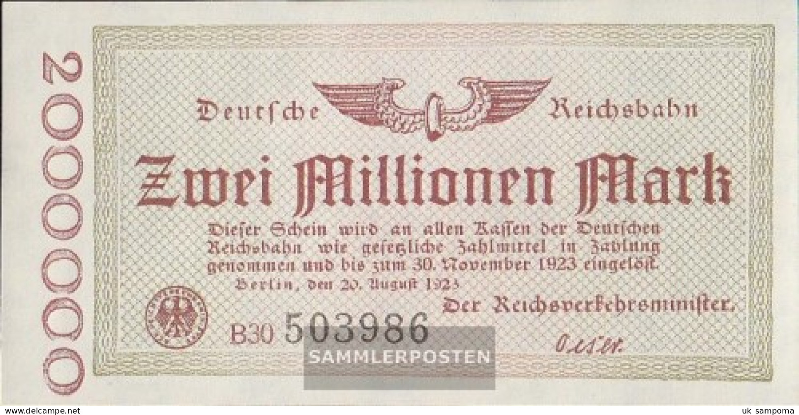 Berlin Pick-number: S1012c Inflationsgeld The German Reichsbahn Berlin Used (III) 1923 2 Million Mark - 2 Mio. Mark