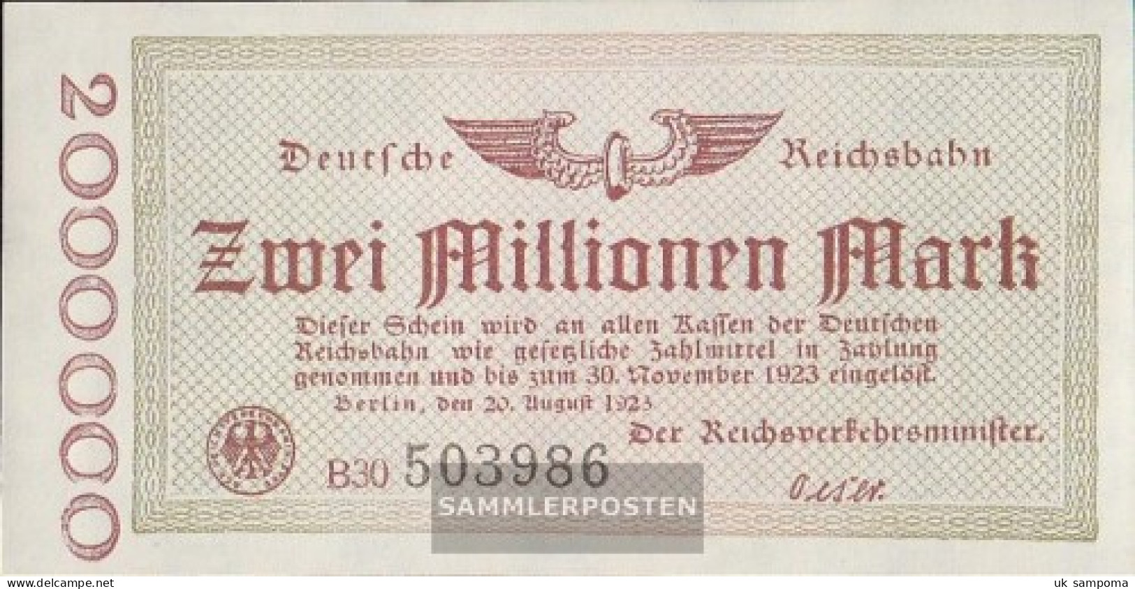 Berlin Pick-number: S1012c Inflationsgeld The German Reichsbahn Berlin Used (III) 1923 2 Million Mark - 2 Millionen Mark