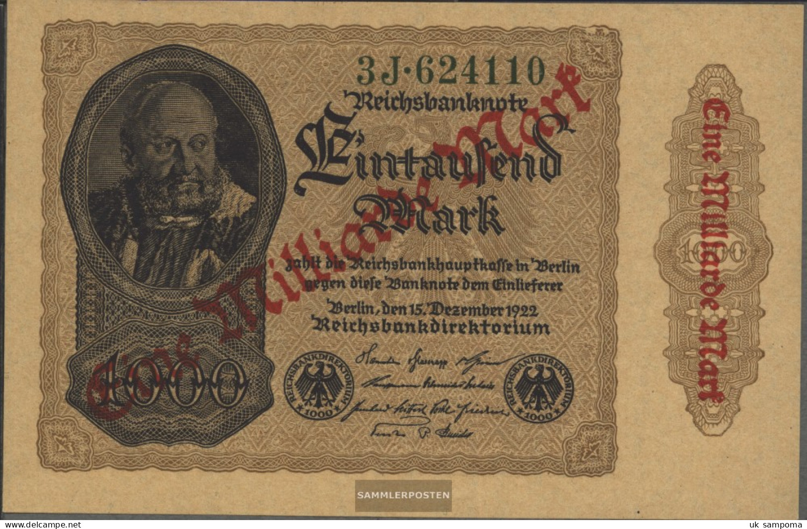 German Empire Rosenbg: 110f, Watermark Cabbage Brown Paper Used (III) 1923 1 Billion On 1000 Mark - 1 Mrd. Mark