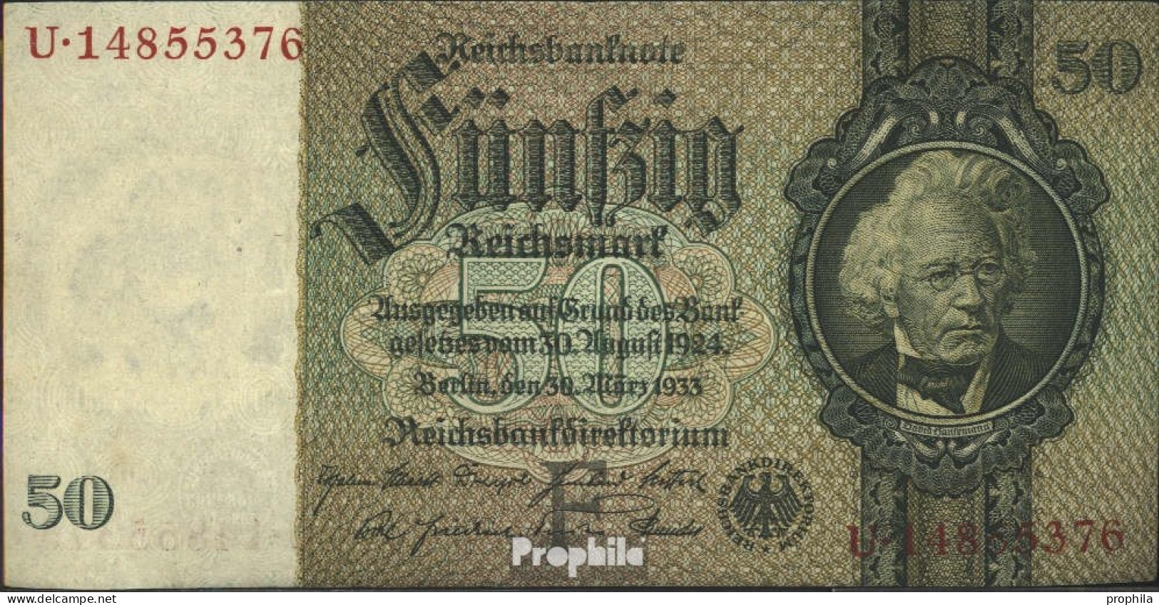 Deutsches Reich Rosenbg: 175b, Udr.-Bst.: F, Serien: Q-U, KN 8-stellig Gebraucht (III) 1933 50 Reichsmark - 50 Reichsmark