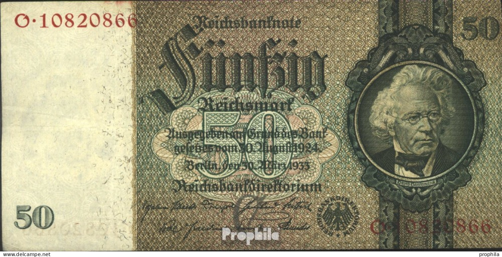 Deutsches Reich Rosenbg: 175b, Udr.-Bst.: C, Serien: L-P, KN 8-stellig Gebraucht (III) 1933 50 Reichsmark - 50 Reichsmark