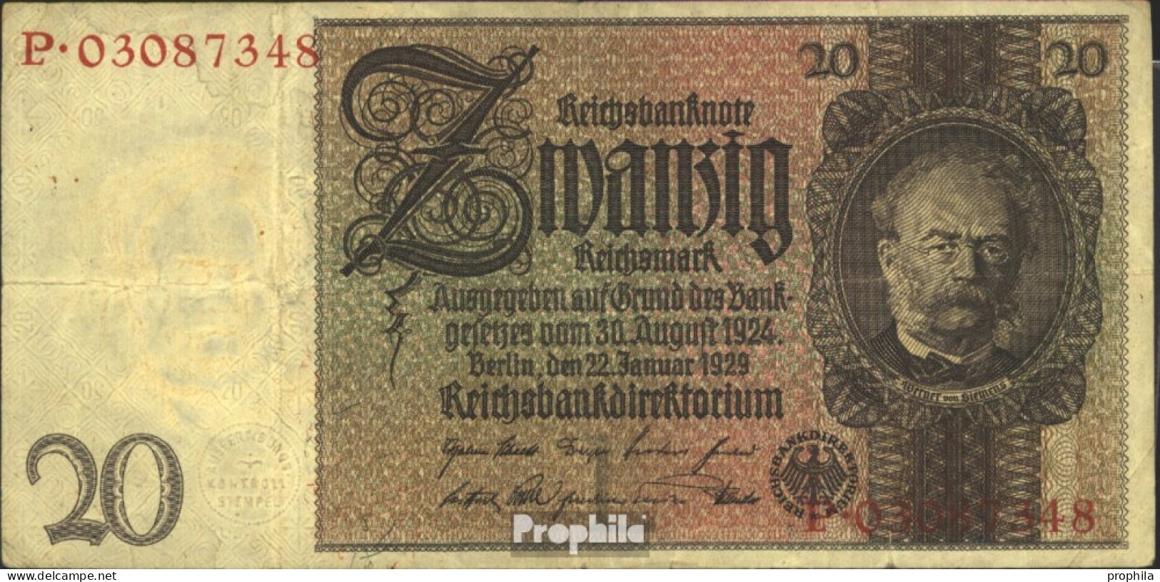 Deutsches Reich Rosenbg: 174a, Udr.-Bst.: L, Serien: L-P Gebraucht (III) 1929 20 Reichsmark - 20 Mark