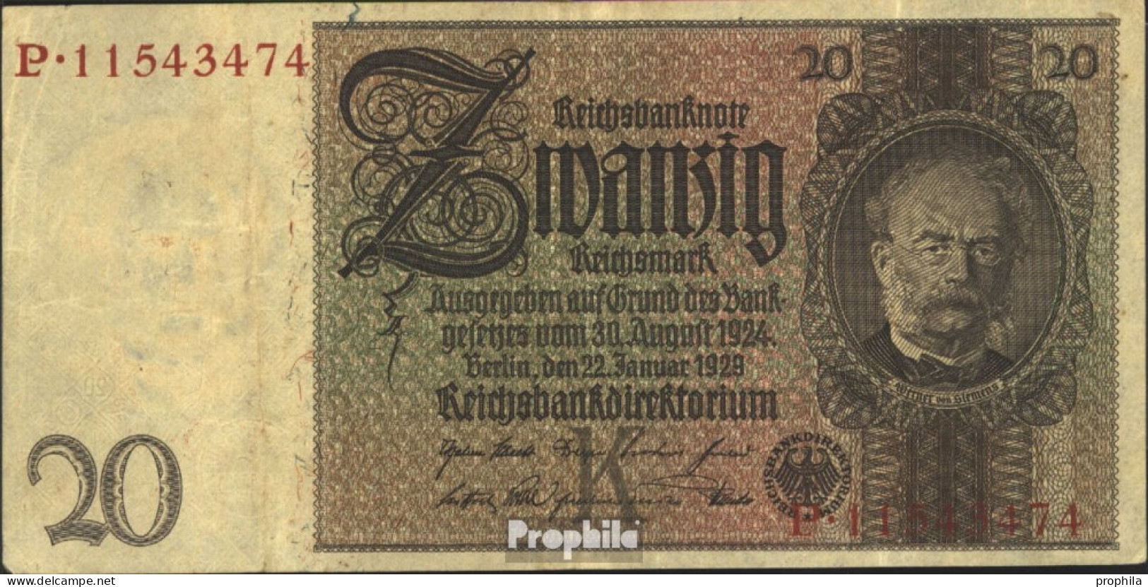 Deutsches Reich Rosenbg: 174a, Udr.-Bst.: K, Serien: L-P Gebraucht (III) 1929 20 Reichsmark - 20 Mark