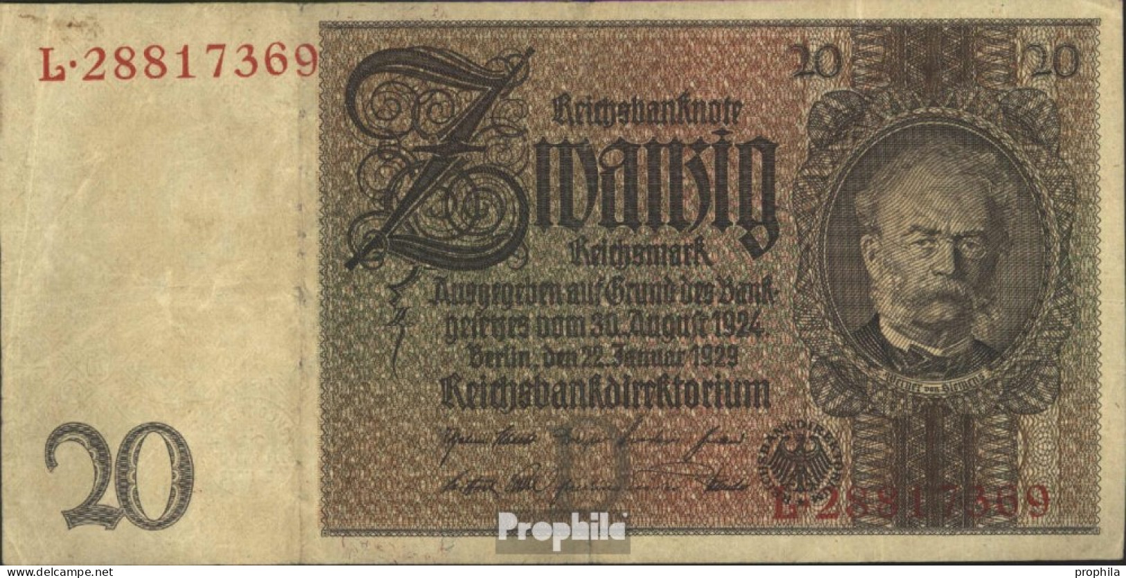 Deutsches Reich Pick-Nr: 174a, Udr.-Bst.: D, Serien: L-P Gebraucht (III) 1929 20 Reichsmark - 20 Mark