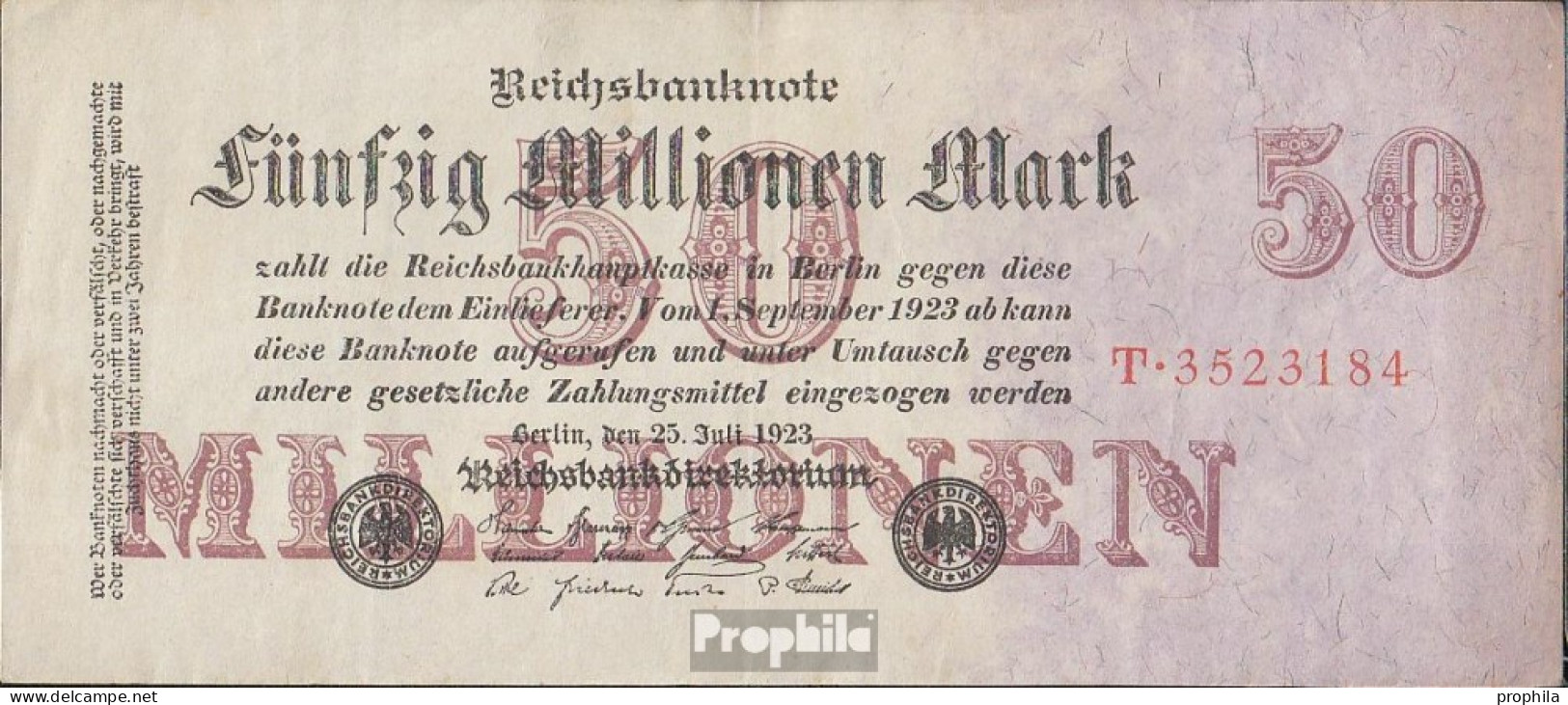 Deutsches Reich Rosenbg: 97a, Reichsdruckerei Gebraucht (III) 1923 50 Millionen Mark - 50 Mio. Mark