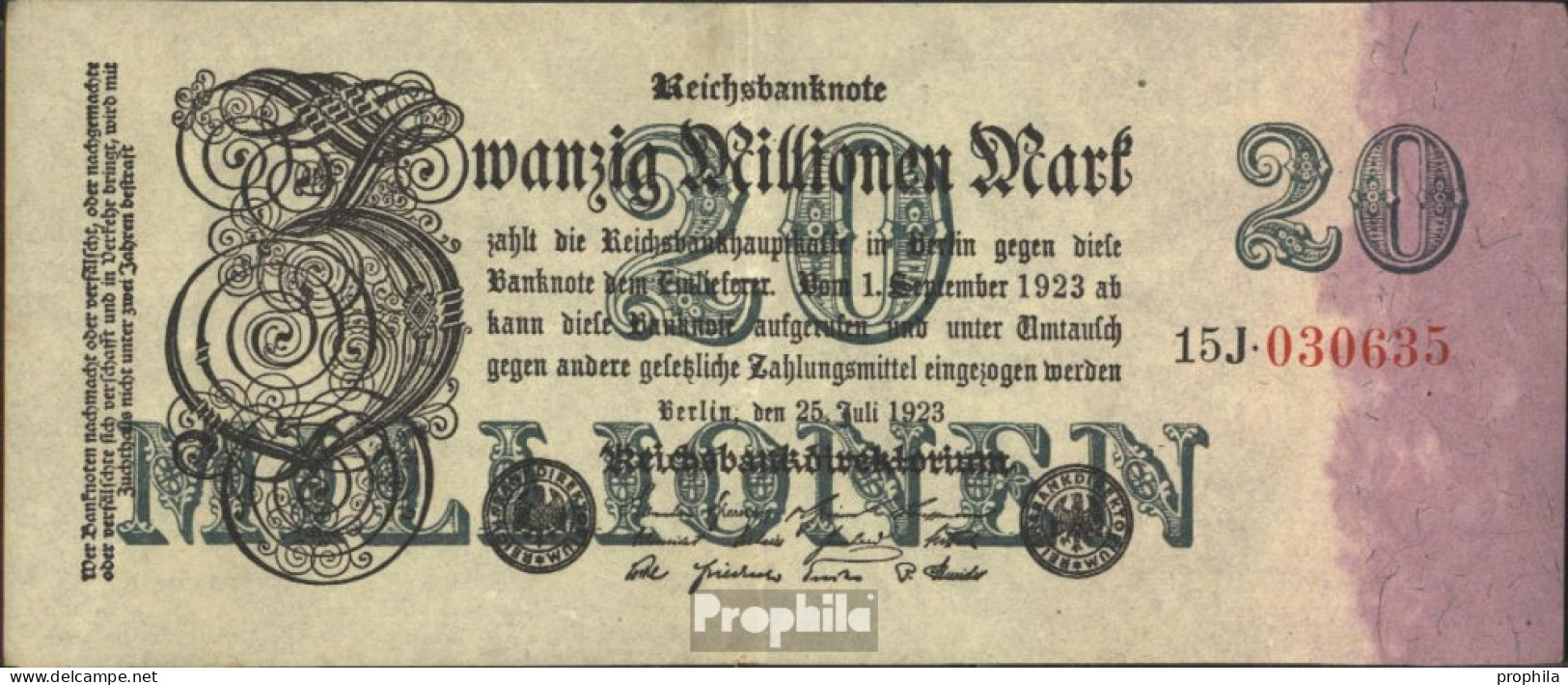 Deutsches Reich Rosenbg: 96c, Privatfirmendruck, 6stellige Kontroll-Nr. FZ + BZ Schwarz Gebraucht (III) 1923 20 Mio. Mar - 20 Millionen Mark