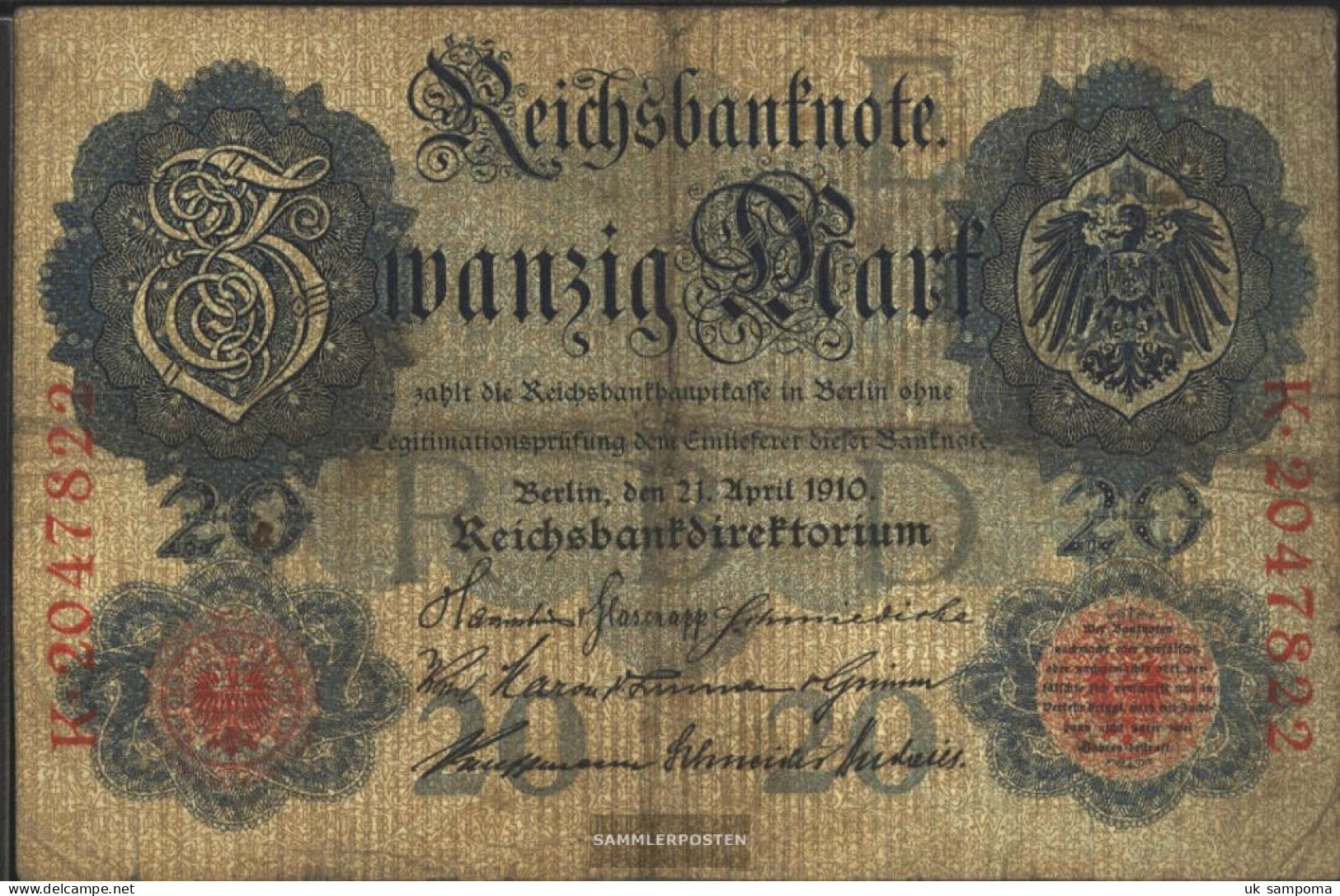 German Empire Rosenbg: 41 (rarely), With Watermark 20 Used (III) 1910 20 Mark - 20 Mark