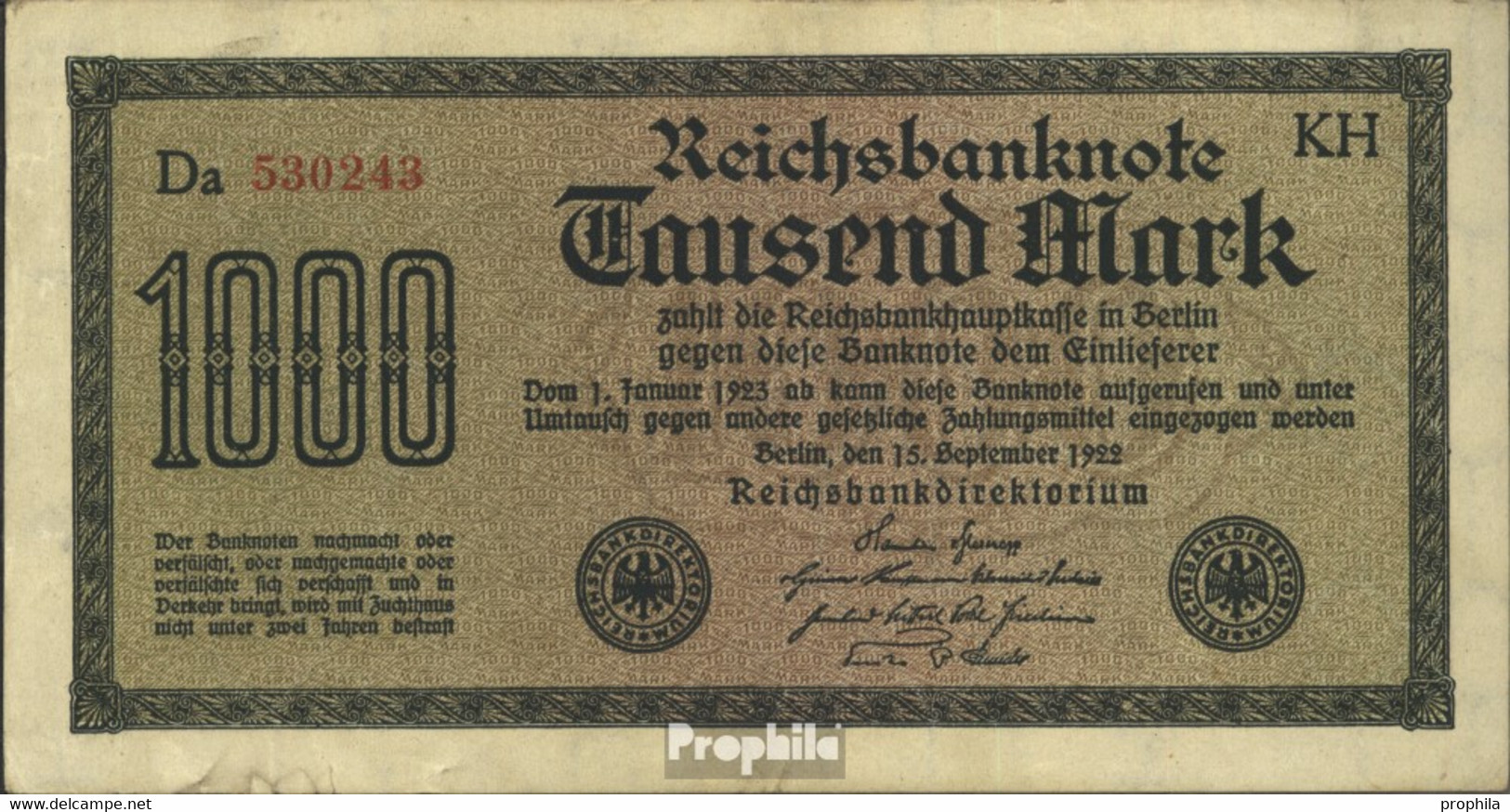 Deutsches Reich Rosenbg: 75o, Wasserzeichen Achterstreifen Gebraucht (III) 1922 1.000 Mark - 1000 Mark