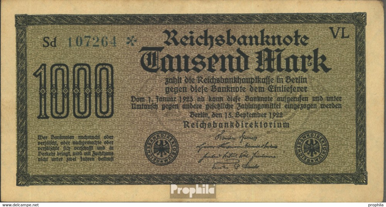 Deutsches Reich Rosenbg: 75n, Wasserzeichen Gitter Mit 8, Blaugrüne Kontrollnummer Gebraucht (III) 1922 1.000 Mark - 1000 Mark