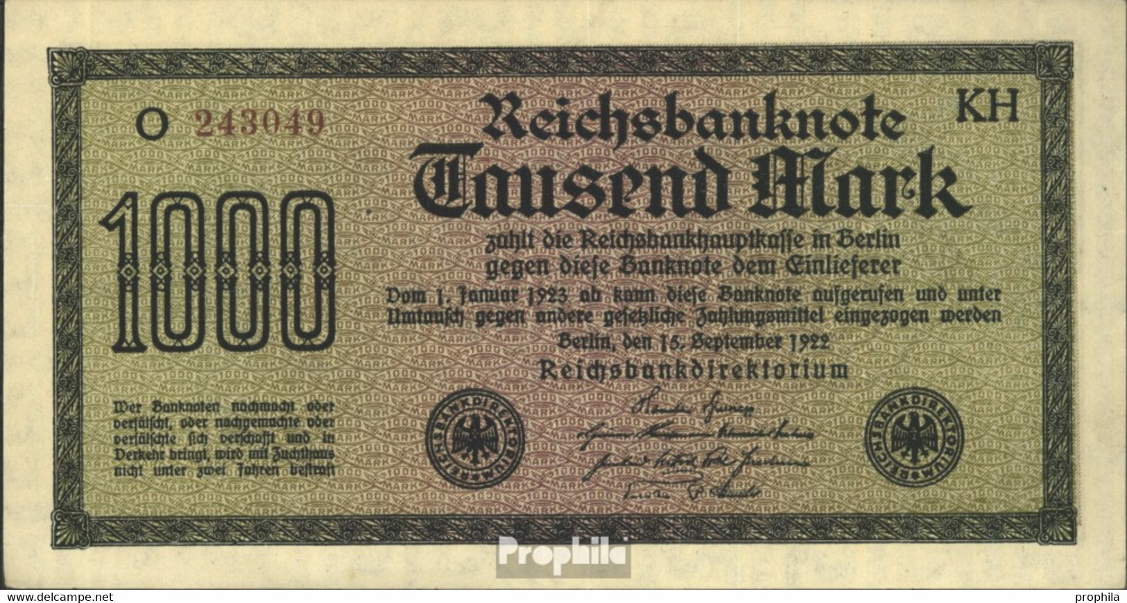 Deutsches Reich Rosenbg: 75i, Wasserzeichen Mäander Braune Kontrollnummer Gebraucht (III) 1922 1.000 Mark - 1000 Mark