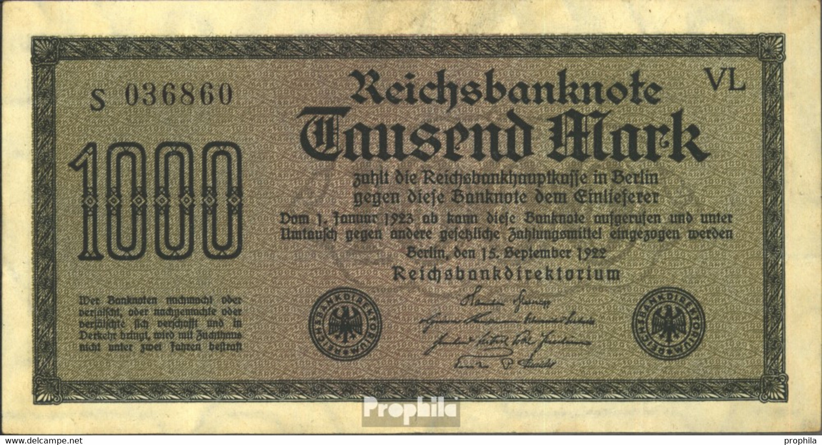 Deutsches Reich Rosenbg: 75b, Wasserzeichen Hakensterne Schwarze Kontrollnummer Gebraucht (III) 1922 1.000 Mark - 1000 Mark