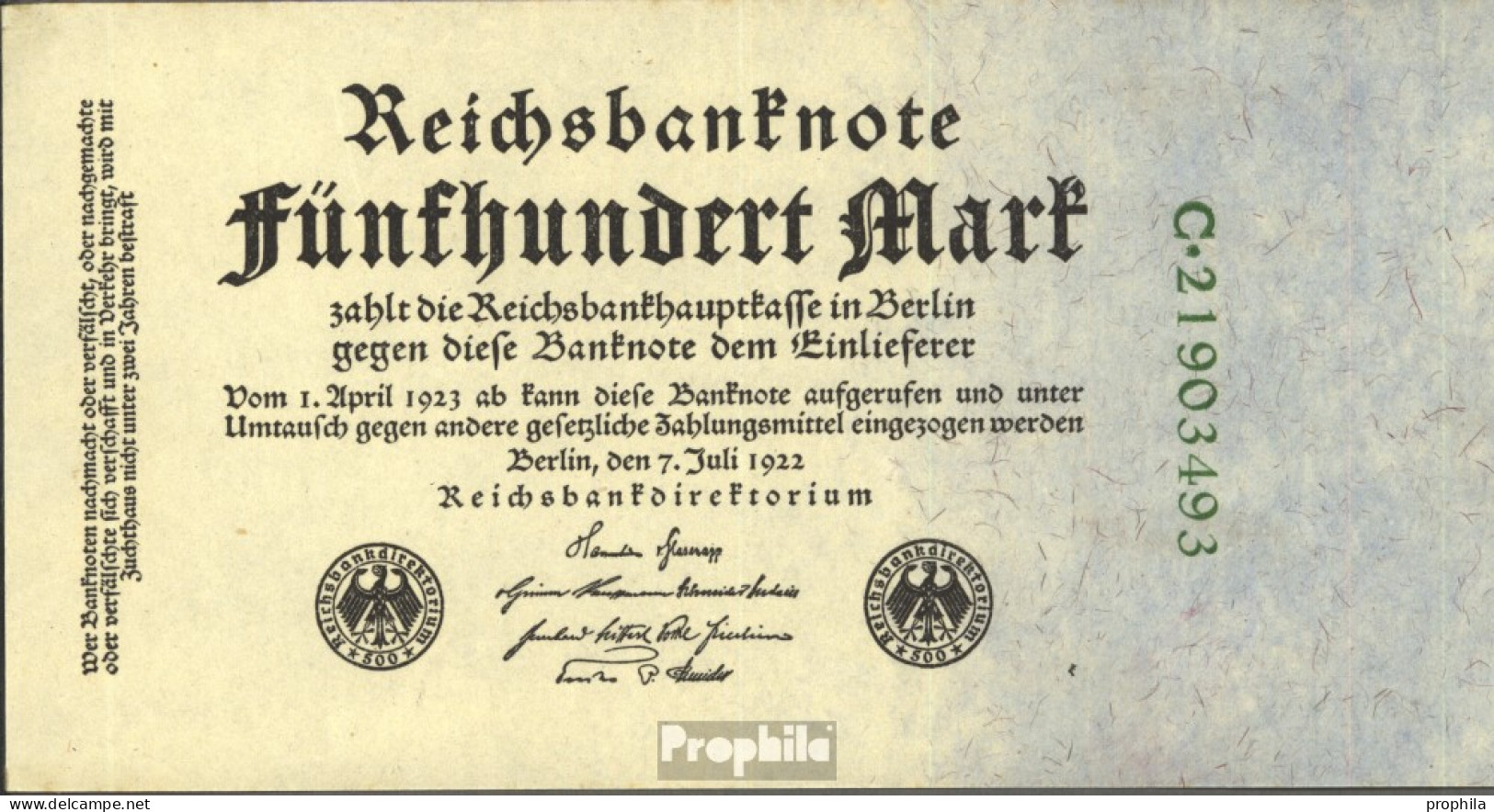 Deutsches Reich Rosenbg: 71c, 8stellige Kontrollnummer Gebraucht (III) 1922 500 Mark - 500 Mark