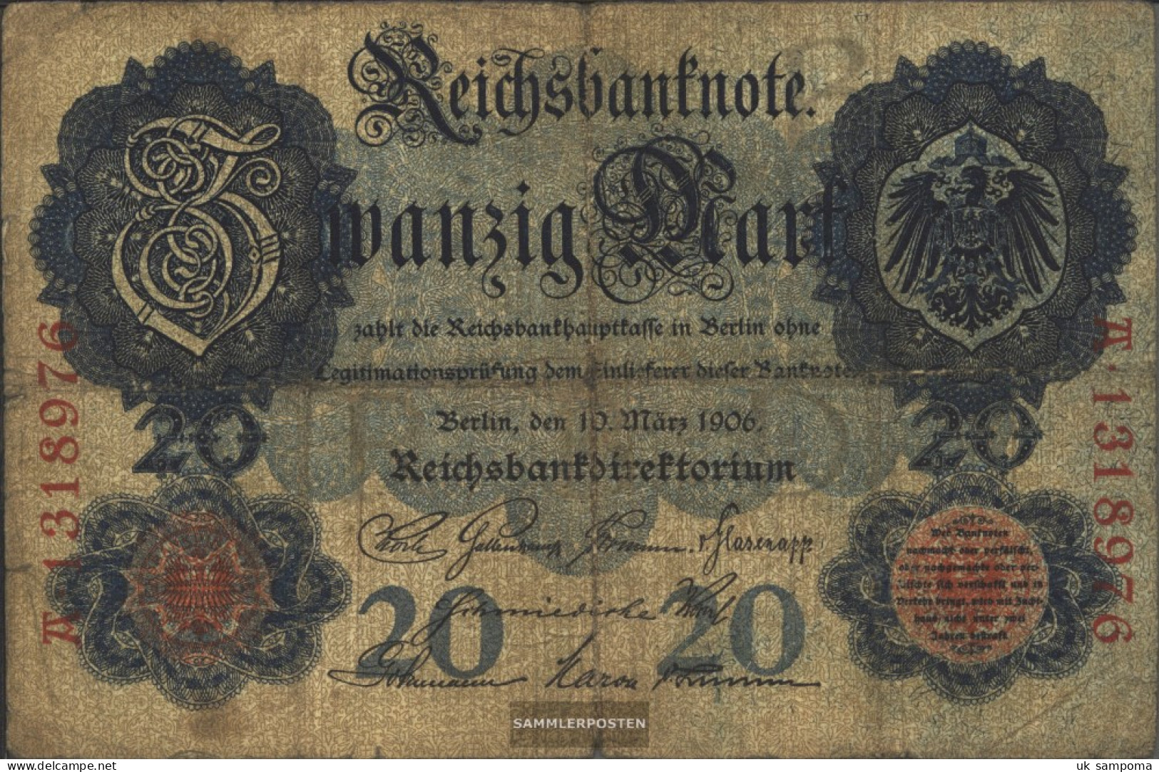 German Empire Rosenbg: 24b, 7stellige Kontrollnummer Used (III) 1906 20 Mark - 20 Mark