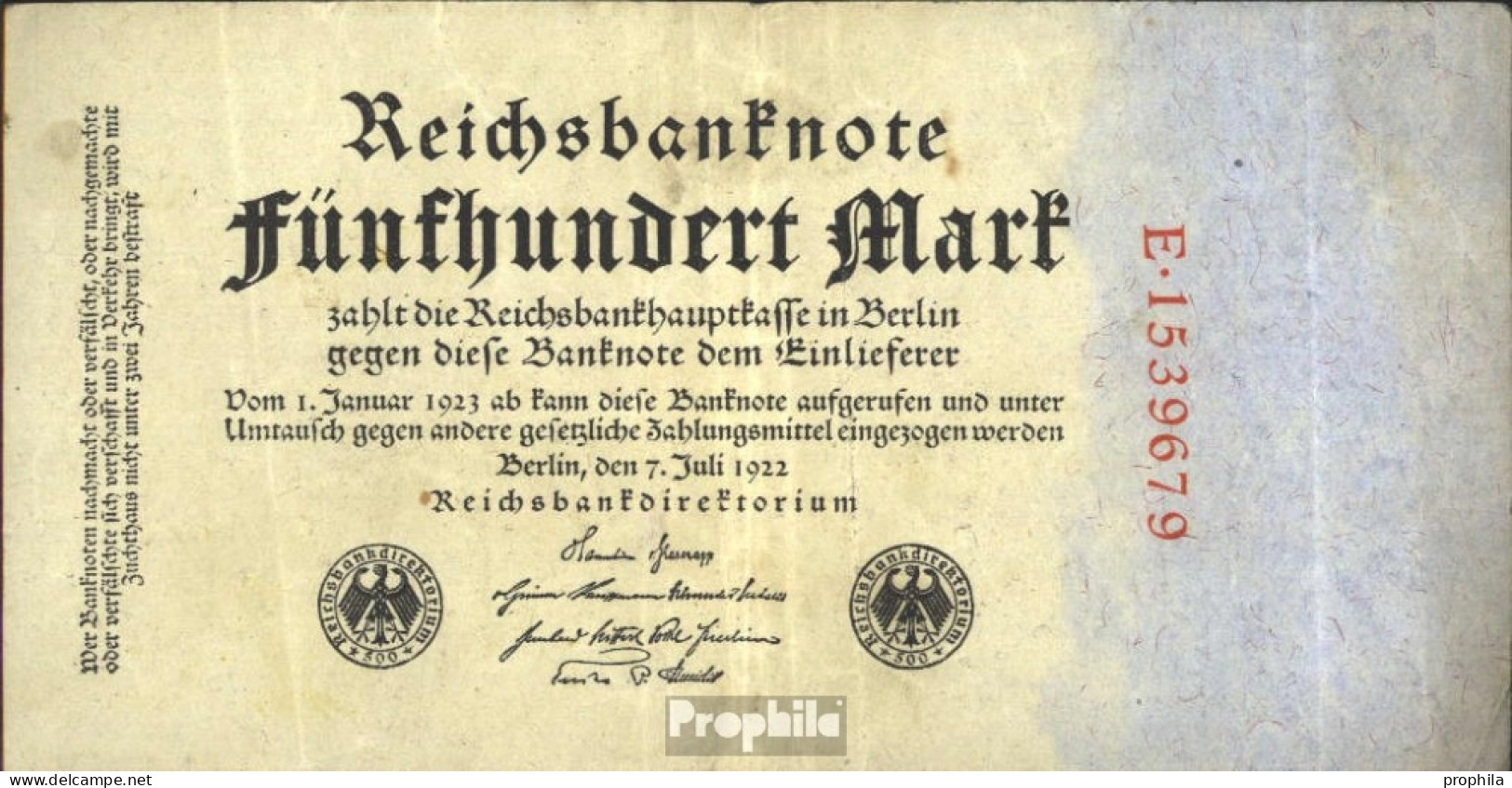 Deutsches Reich Rosenbg: 71a, Einlösetermin 1.1.1923, Rote Kontrollnummer Gebraucht (III) 1922 500 Mark - 500 Mark