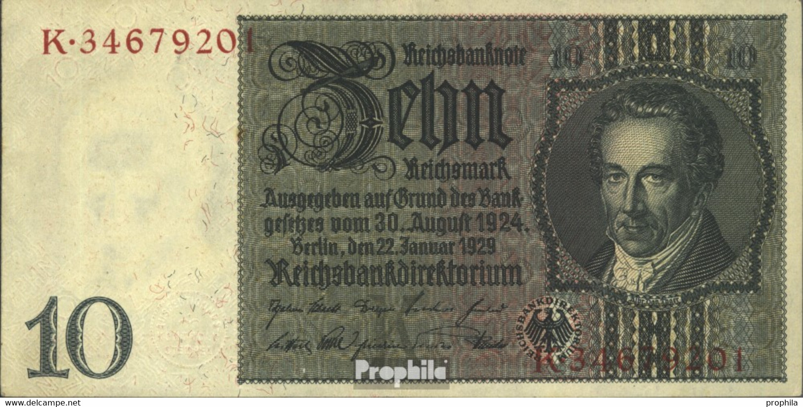 Deutsches Reich Rosenbg: 173b, Udr:-Bst. E / G-M, Zwischenform Wasserzeichen Thaer Gebraucht (III) 1929 10 Reichsmark - 10 Mark