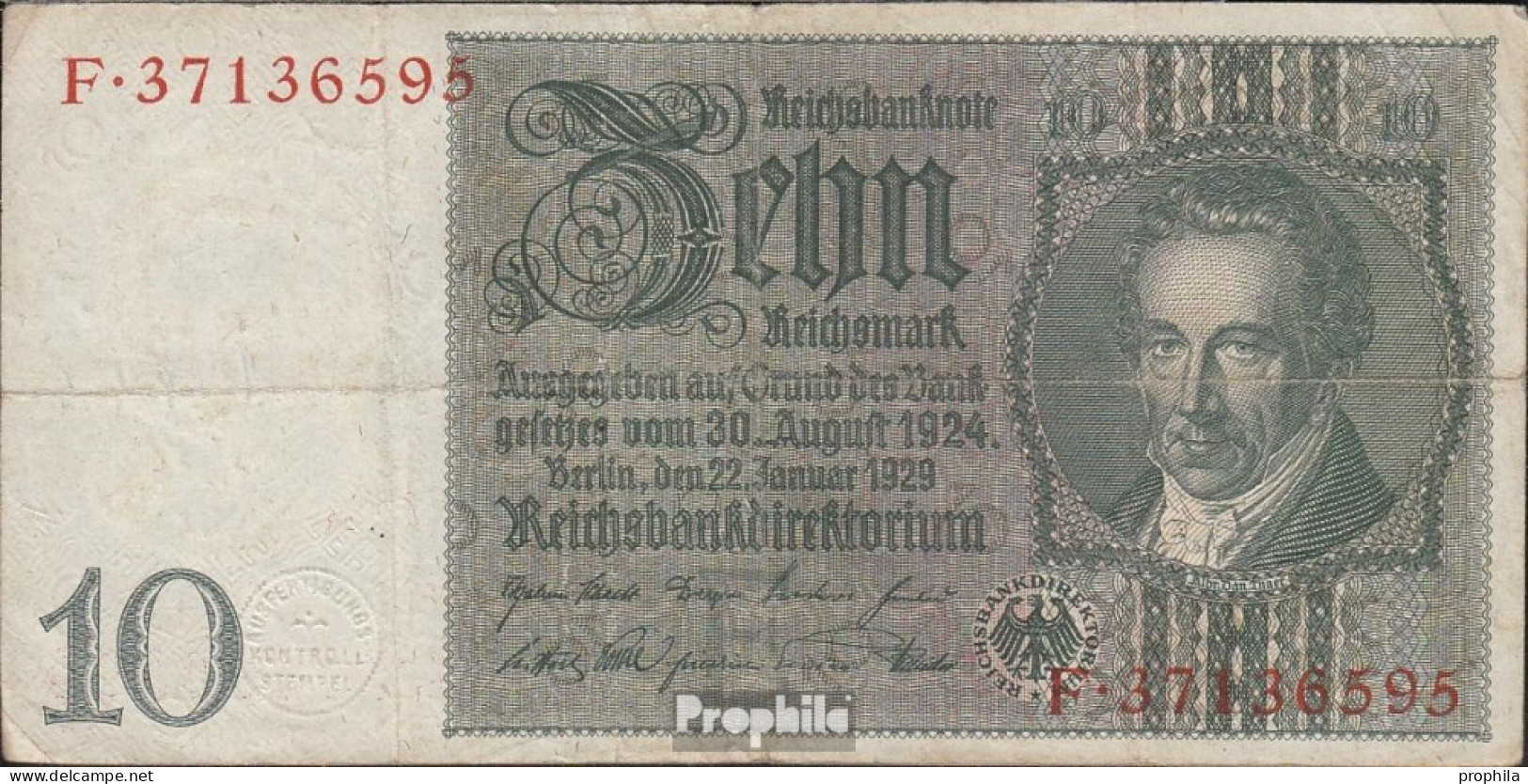 Deutsches Reich Rosenbg: 173b, Udr.- Bst. E, Serien: A-F, Wz. Thaer Gebraucht (III) 1929 10 Reichsmark - 10 Mark