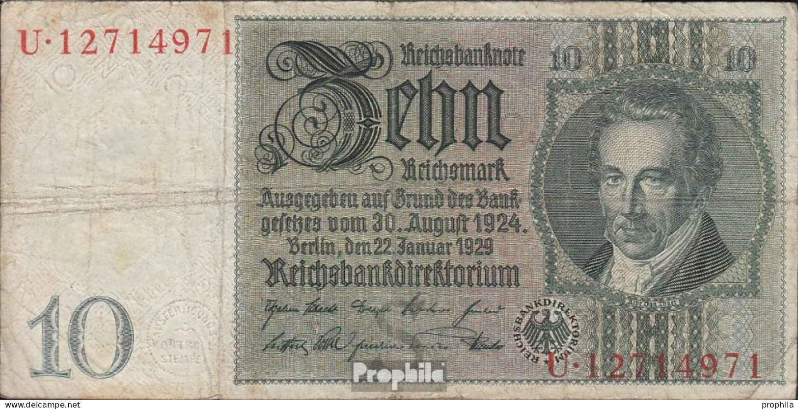 Deutsches Reich Rosenbg: 173a, Udr.-Bst. S, Serien: T-Y, Wz. Thaer Gebraucht (III) 1929 10 Reichsmark - 10 Mark
