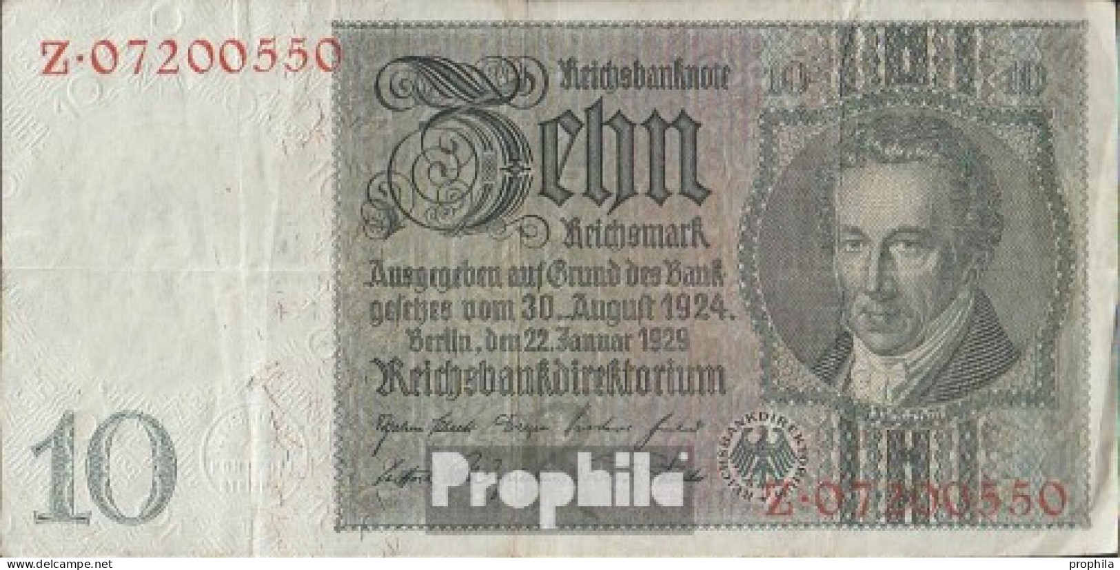 Deutsches Reich Rosenbg: 173a Udr.- Bst. R, Serien: Z, Wz. Thaer Gebraucht (III) 1929 10 Reichsmark - 10 Mark