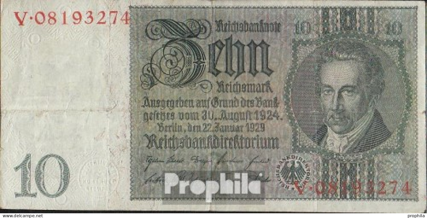 Deutsches Reich Rosenbg: 173a Udr.- Bst. Q, Serien: R-Y, Wz. Thaer Gebraucht (III) 1929 10 Reichsmark - 10 Mark