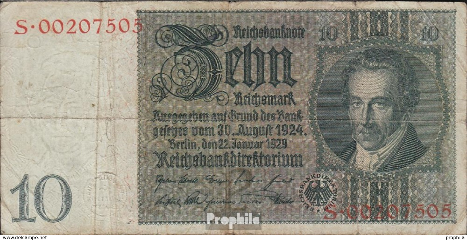Deutsches Reich Rosenbg: 173a Udr.- Bst. P, Serien: R-Y, Wz. Thaer Gebraucht (III) 1929 10 Reichsmark - 10 Mark