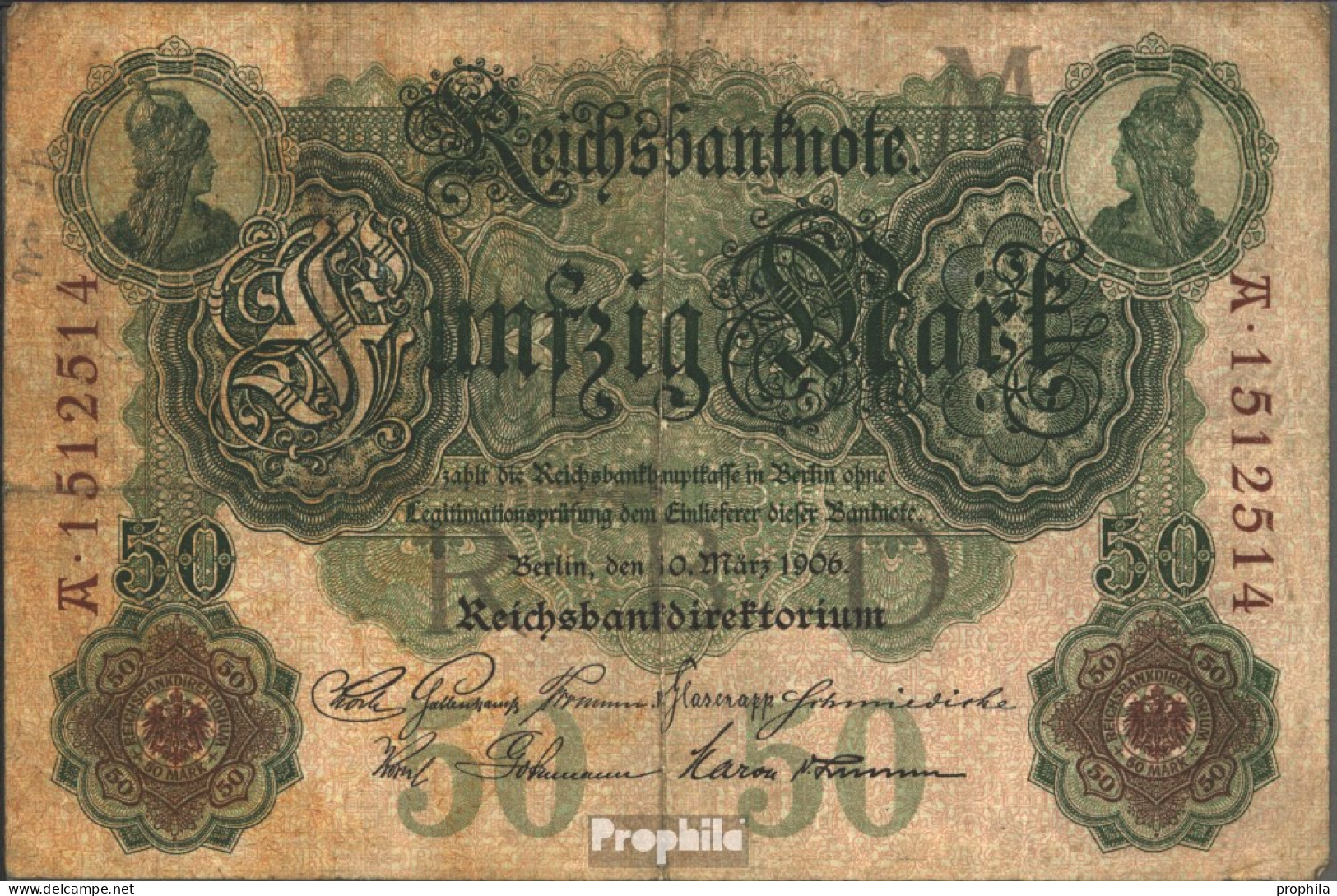 Deutsches Reich Rosenbg: 25b, 7stellige Kontrollnummer Gebraucht (III) 1906 50 Mark - 50 Mark